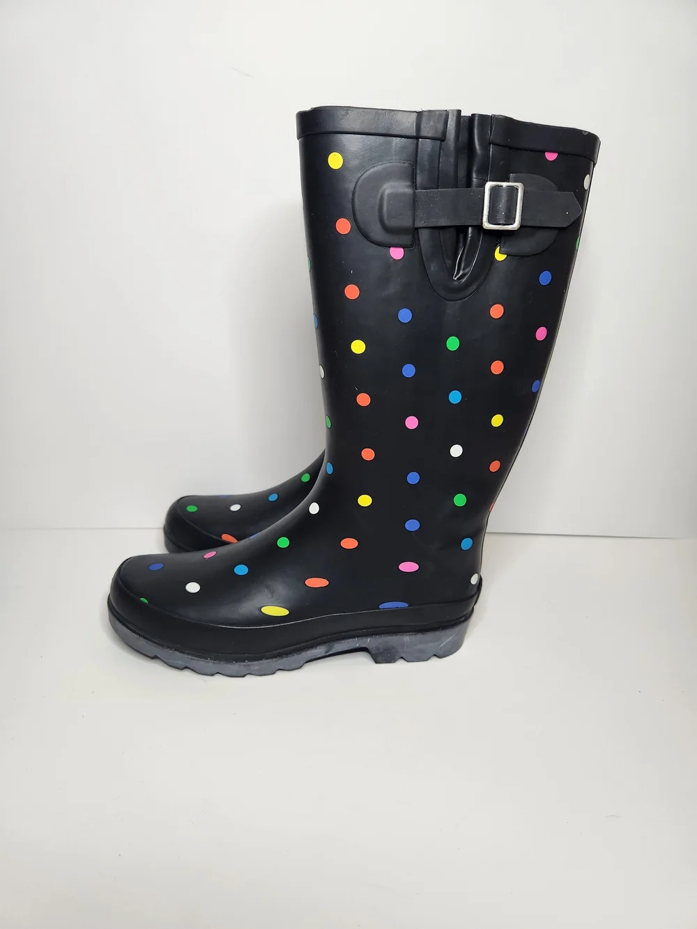 London Fog Black Rain Boots with Multicolor Polka Dots